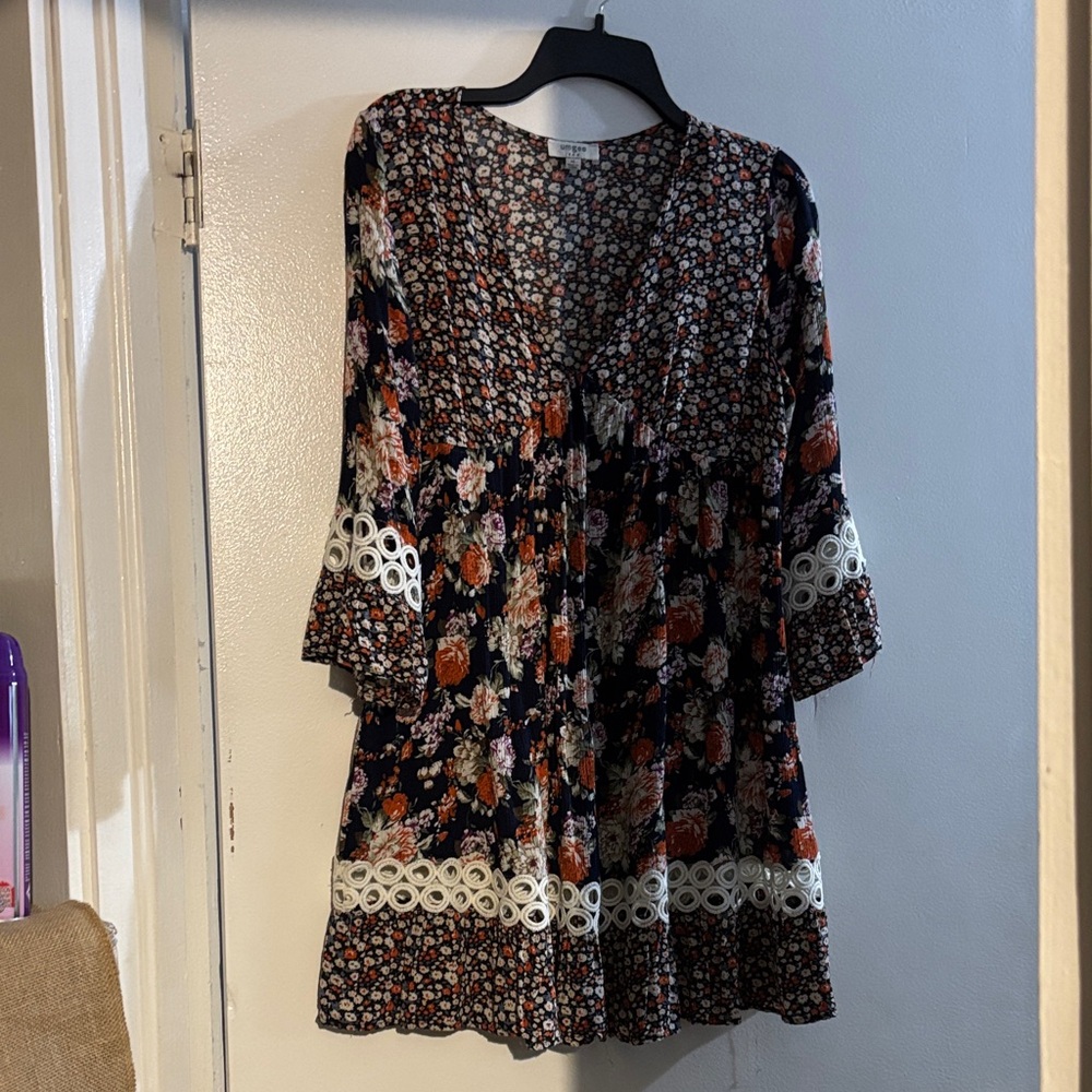 Umgee Floral Midi Dress with Lace Trim - Black and Orange